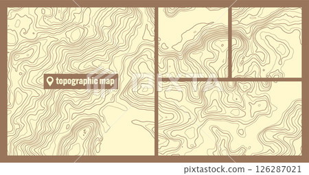 Colorful topographic map sets with contour lines. Geographic terrain grid, relief height elevation. Ground path pattern. Travel and navigation, cartography design element. Vector illustration 126287021
