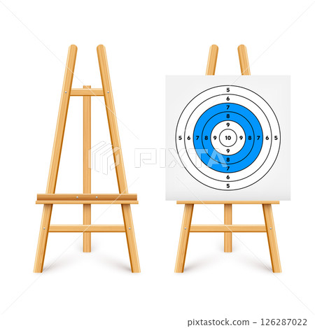 Shooting range target on a wooden easel stand. Paper target with divisions, marks and numbers. Archery, gun shooting and training, sport competition, hunting. Bullseye and aim. Vector illustration 126287022