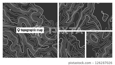 Colorful topographic map sets with contour lines. Geographic terrain grid, relief height elevation. Ground path pattern. Travel and navigation, cartography design element. Vector illustration 126287026