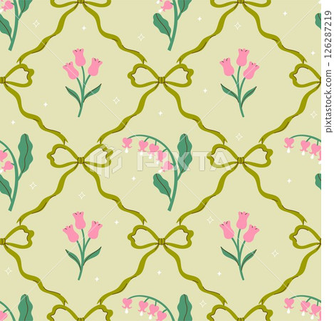 Seamless pattern with green bows and pink flowers. Vector graphics. Seamless pattern with green bows and pink flowers. Vector graphics. 126287219