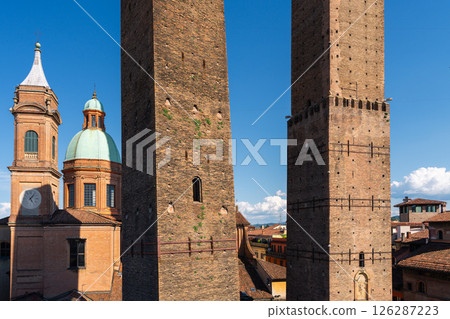 Bologna's Two Towers Asinelli and Garisenda and Santo Stefano church 126287223