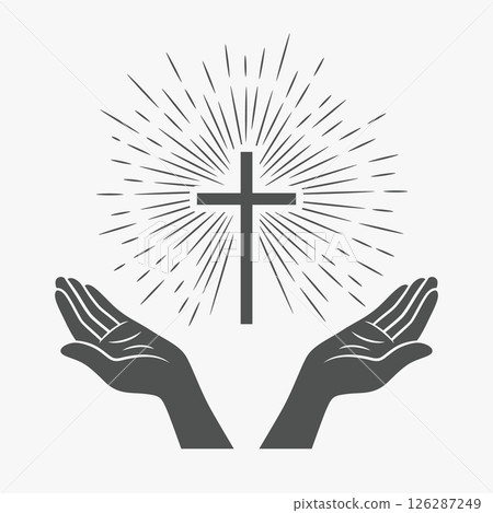 Black and White Open Hands with Cross and Divine Light, Symbol of Faith and Prayer. Design Template for Church Logo. Prayer, Religion Concept Monochrome Cut Out Silhouette Icon. Vector Illustration 126287249