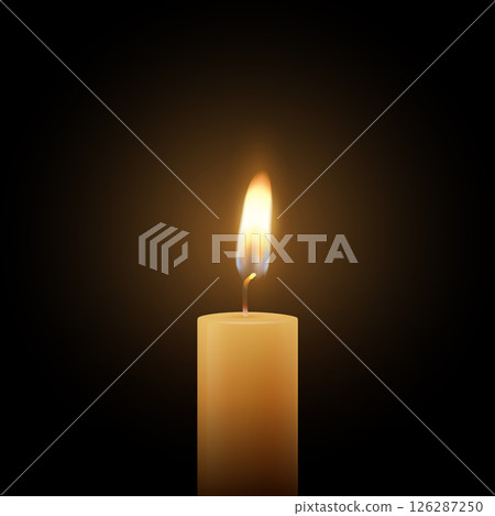 Realistic Vector Candle Flame Clipart on Black Background. Single Wax Pillar Candle with Soft Warm Glow and Flickering Flame, Ambient Lighting Design Template for Web, Print, Logo Design Realistic Vector Candle Flame Clipart on Black Background. Single Wax Pillar Candle with Soft Warm Glow and Flickering Flame, Ambient Lighting Design Template for Web, Print, Logo Design 126287250