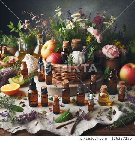 Aromatic essential oils! Natural organic flowers and fruits! Just like a painting Aromatic essential oils! Natural organic flowers and fruits! Just like a painting 126287259