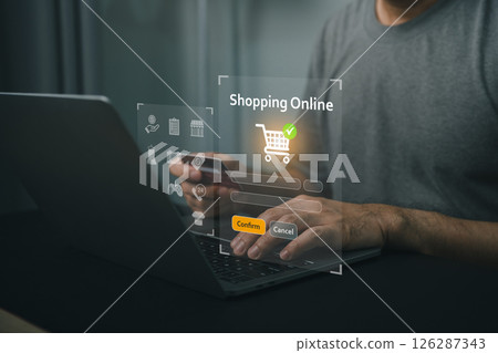 Close-up man work laptop Virtual icons Online Shopping Experience with Digital Cart Interface and User Engaging in E-Commerce Activity at Home Environment Close-up man work laptop Virtual icons Online Shopping Experience with Digital Cart Interface and User Engaging in E-Commerce Activity at Home Environment 126287343