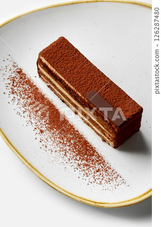 Delicious tiramisu cake lying on a white plate with cocoa powder decoration Delicious tiramisu cake lying on a white plate with cocoa powder decoration 126287480