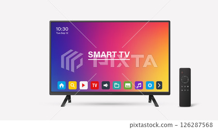 Smart TV Vector Illustration with Remote Control. Modern Smart TV Vector Art for Interface Design. Realistic Smart TV Vector for Technology Mockup. Stylish Television and Remote for App and Branding 126287568