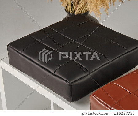 Modern black leather seat cushion resting on white shelf 126287733
