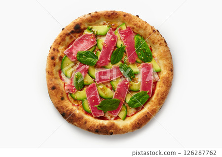 Delicious tuna pizza with avocado and mustard dressing on white background 126287762