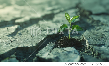 Small green sprout growing from cracked, dry earth. Symbol of hope, resilience, and new beginnings in a harsh environment AI generated 126287785