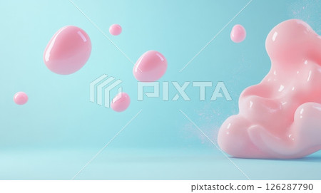 Abstract composition of pink liquid blobs and a larger mass against a light blue background. Playful and modern design with floating elements AI generated 126287790