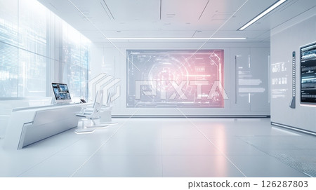 Futuristic white control room with large screens displaying abstract data and workstations. Modern technology and information hub AI generated 126287803