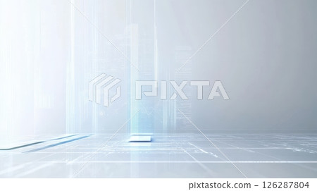 Minimalist white futuristic space with a glowing element on the floor and abstract digital lines. Clean and technological concept AI generated 126287804