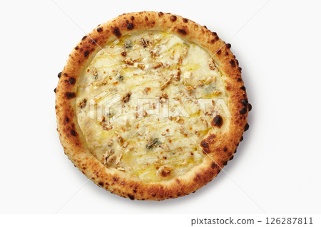 Delicious four cheese pizza with walnuts on white background 126287811