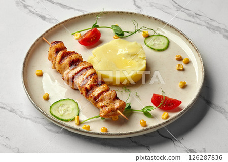 Grilled chicken skewer with mashed potatoes and vegetables on marble table Grilled chicken skewer with mashed potatoes and vegetables on marble table 126287836