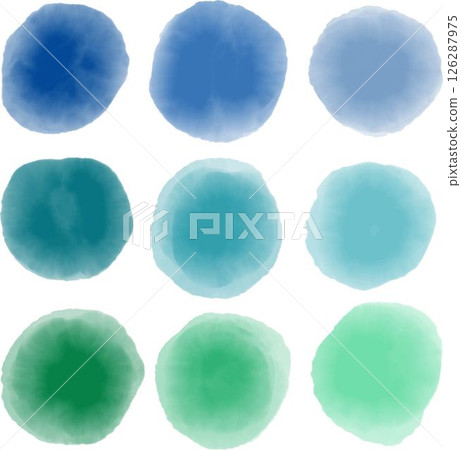 Set of Nine Vibrant Watercolor Vector Gradient Circles in Blue and Green Shades 126287975