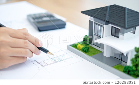 House model and blueprints, architecture and construction, real estate images 126288051