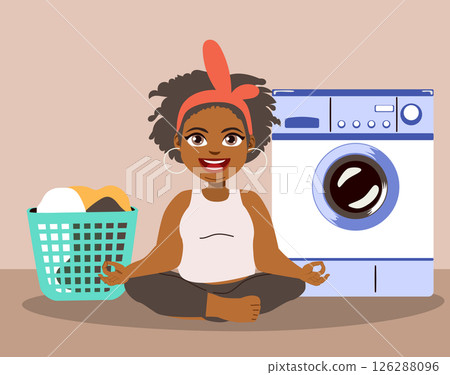 Woman On Yoga Pose Next to a Pile of Laundry Vector Cartoon Illustration 126288096