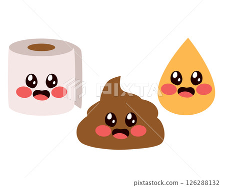 Cute Poop, Pee, and Toilet Paper Characters Children's Hygiene Mascots Vector Illustration 126288132