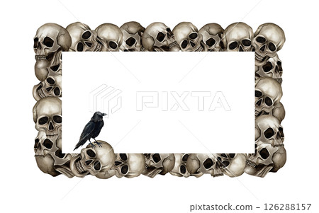 Rectangular frame skulls around the perimeter and black crow on the side. Watercolor illustration isolated from background with template in Gothic style. For postcards, Halloween design, invitations Rectangular frame skulls around the perimeter and black crow on the side. Watercolor illustration isolated from background with template in Gothic style. For postcards, Halloween design, invitations 126288157