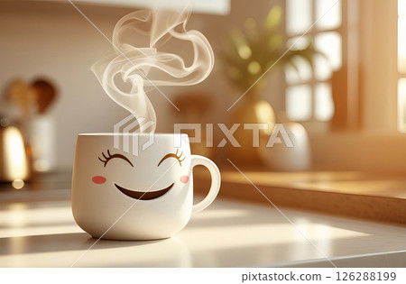 A cozy kitchen scene featuring a smiling mug with cartoonish facial features, sitting on a sunlit countertop 126288199
