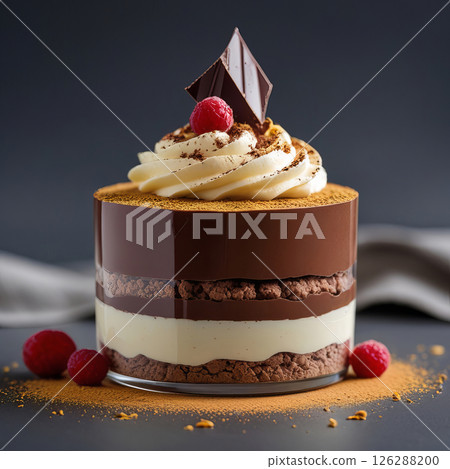 A delectable layered dessert featuring rich chocolate, creamy vanilla, and crunchy biscuit layers presented in a clear glass. 126288200