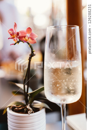 Glass with champagne and orchid Glass with champagne and orchid 126288231
