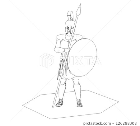 warrior character, contour visualization, 3D illustration, sketch, outline 126288308