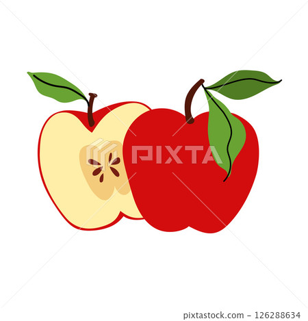 whole red apple and cut in half with foliage. Sliced summer fruit. Farm and agriculture, organic food. Flat vector illustration for packaging, branding, menu, recipe. whole red apple and cut in half with foliage. Sliced summer fruit. Farm and agriculture, organic food. Flat vector illustration for packaging, branding, menu, recipe. 126288634