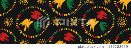 African Abstract ethnic seamless pattern with hand drawn birds of freedom and color circle. Geometric horizontal background. Juneteenth celebration background. Vector doodle illustration. 126288639