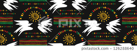 Juneteenth celebration seamless pattern. Abstract ethnic horizontal ornament with birds of freedom and curved lines. African color ornament. For greeting card, banner. Vector doodle illustration. 126288640