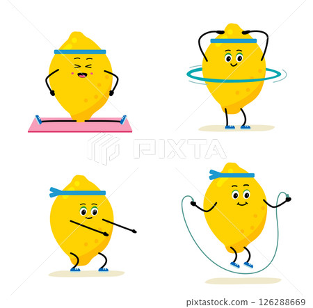 Cute Lemon character. sport - hula hoop, hoop, Skipping rope. concept of a 126288669