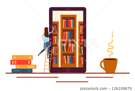 The student is learning. large pile of books on them sits young woman with laptop. 126288670