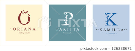 Logo O, capital letter P, K. Monogram of Botanical Minimalistic, Initial. 126288671