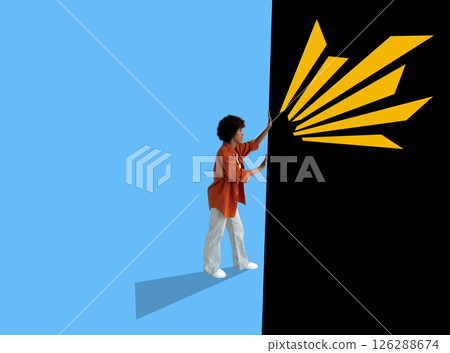 Woman pushing a black wall symbolizing resilience and overcoming mental barriers. Woman pushing a black wall symbolizing resilience and overcoming mental barriers. 126288674