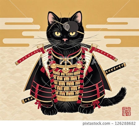 Black cat samurai ukiyo-e style 020 126288682
