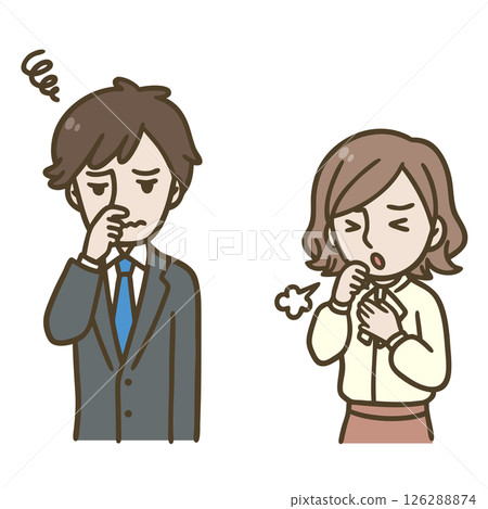 Illustration of a man holding his nose and a woman coughing Illustration of a man holding his nose and a woman coughing 126288874