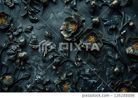 Elegant floral pattern with golden accents on a textured dark background 126288886