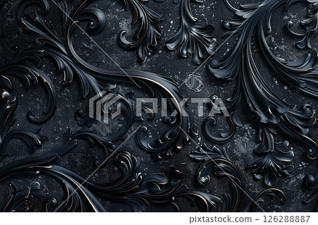 Elegant black ornamental filigree design on a textured dark background 126288887