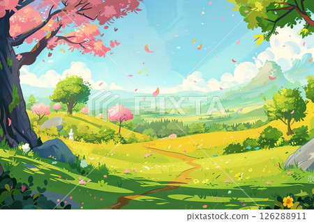 Scenic countryside landscape with flowers and trees during a sunny spring day 126288911