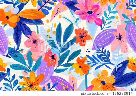 Vibrant floral pattern with colorful abstract illustrations and blooming flowers 126288914