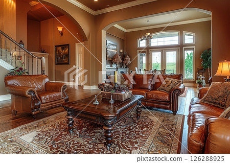 Elegant living room with leather furniture and stylish interior design 126288925