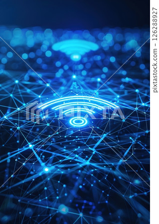 Wireless network depiction with glowing blue connectivity and digital technology representation Wireless network depiction with glowing blue connectivity and digital technology representation 126288927