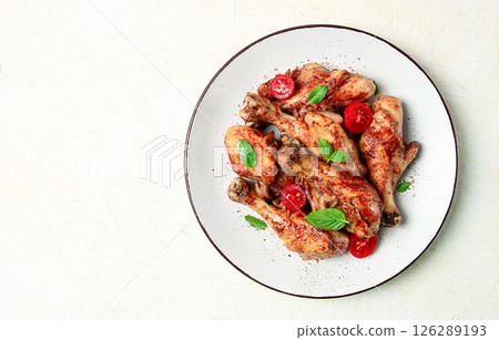 fried chicken legs, in soy sauce, spices, herbs, top view, homemade, 126289193