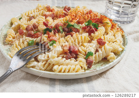 fusilli pasta with cheese and bacon, homemade, no people, fusilli pasta with cheese and bacon, homemade, no people, 126289217