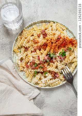 fusilli pasta with cheese and bacon, homemade, no people, fusilli pasta with cheese and bacon, homemade, no people, 126289218