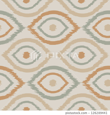 Vector seamless ikat ogee pattern in vintage style. Retro pattern of abstract eyes. 126289441