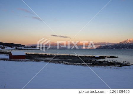 Mountains with snow in sunrise, Hamnvik, Norway 126289465