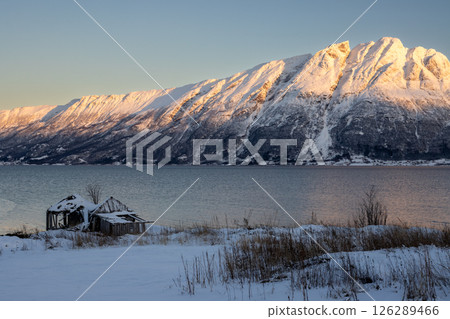 Mountains with snow in sunrise, Hamnvik, Norway 126289466