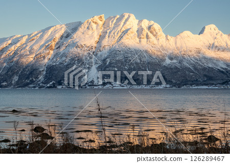 Mountains with snow in sunrise, Hamnvik, Norway 126289467